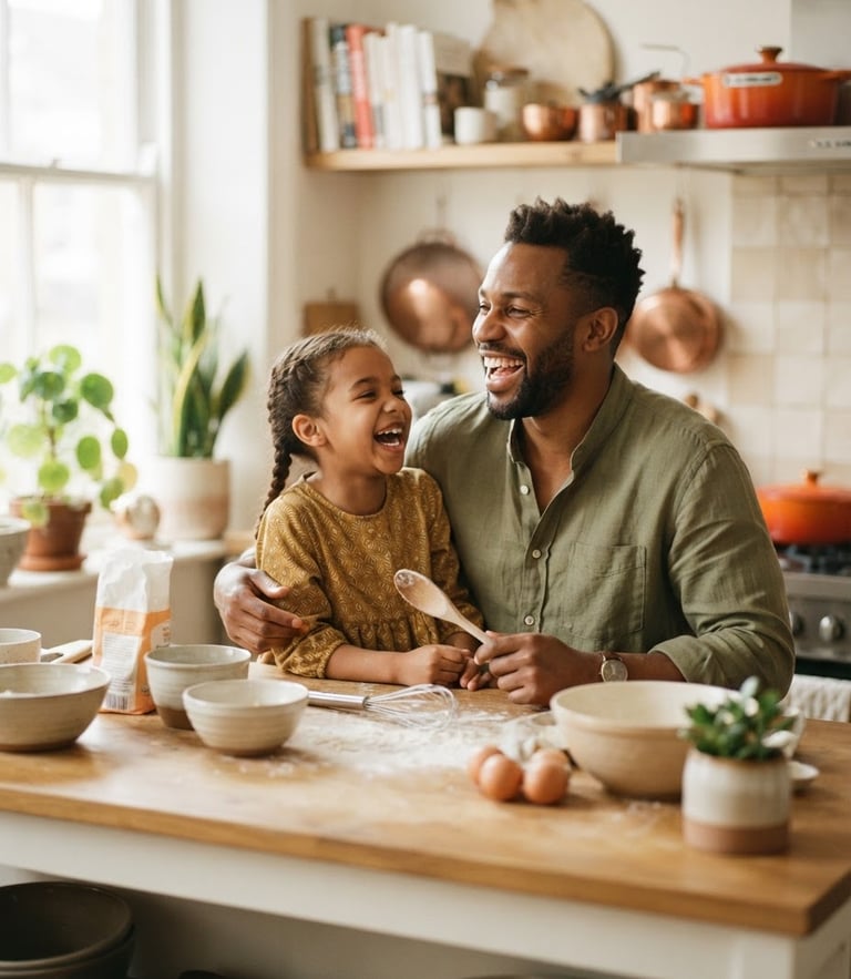 Warm editorial portrait of a confident single father laughing with his young daughter in a sun-drenched, beautifully lived-in modern apartment kitchen, shallow depth of field, 35mm film look