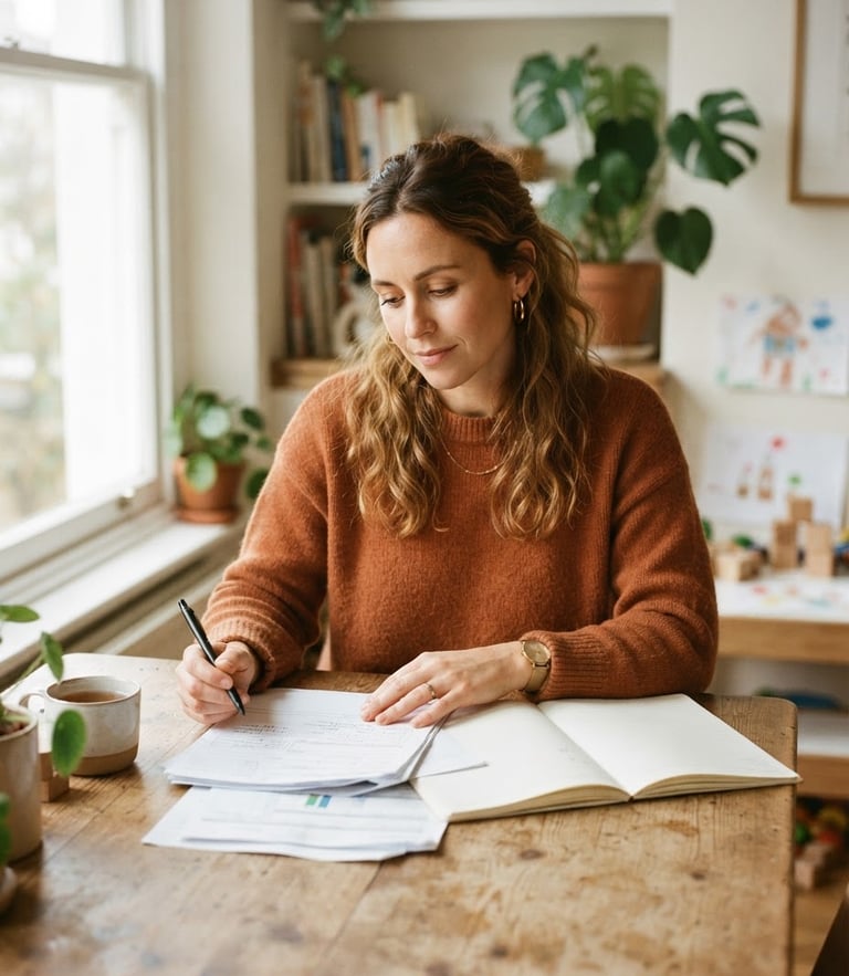 Warm editorial portrait of a confident single mother sitting at a daylight-filled wooden table, reviewing documents with a focused, calm expression, 35mm film look