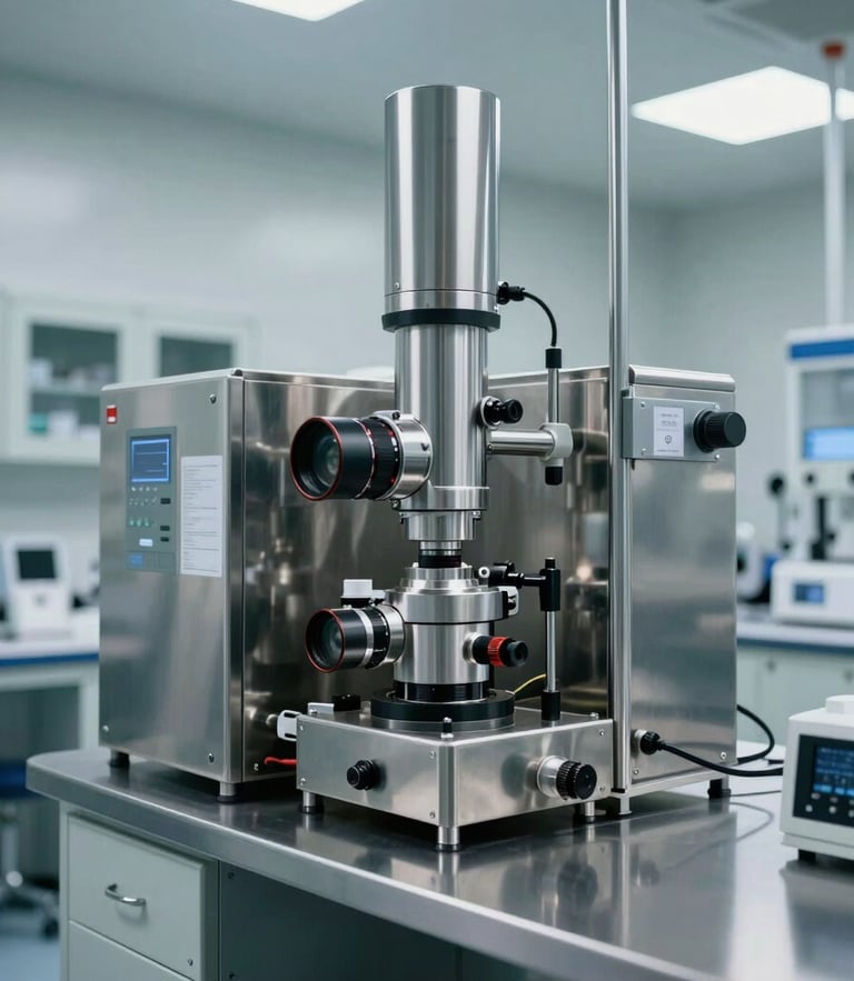 State-of-the-art sterile laboratory in Switzerland, stainless steel equipment, cool clinical lighting, precise and orderly environment