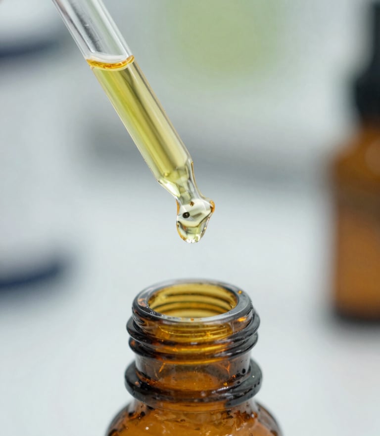 Macro close-up of a clear glass pipette dropping golden botanical oil into an amber apothecary bottle, sterile laboratory bench background, bright natural diffused daylight.