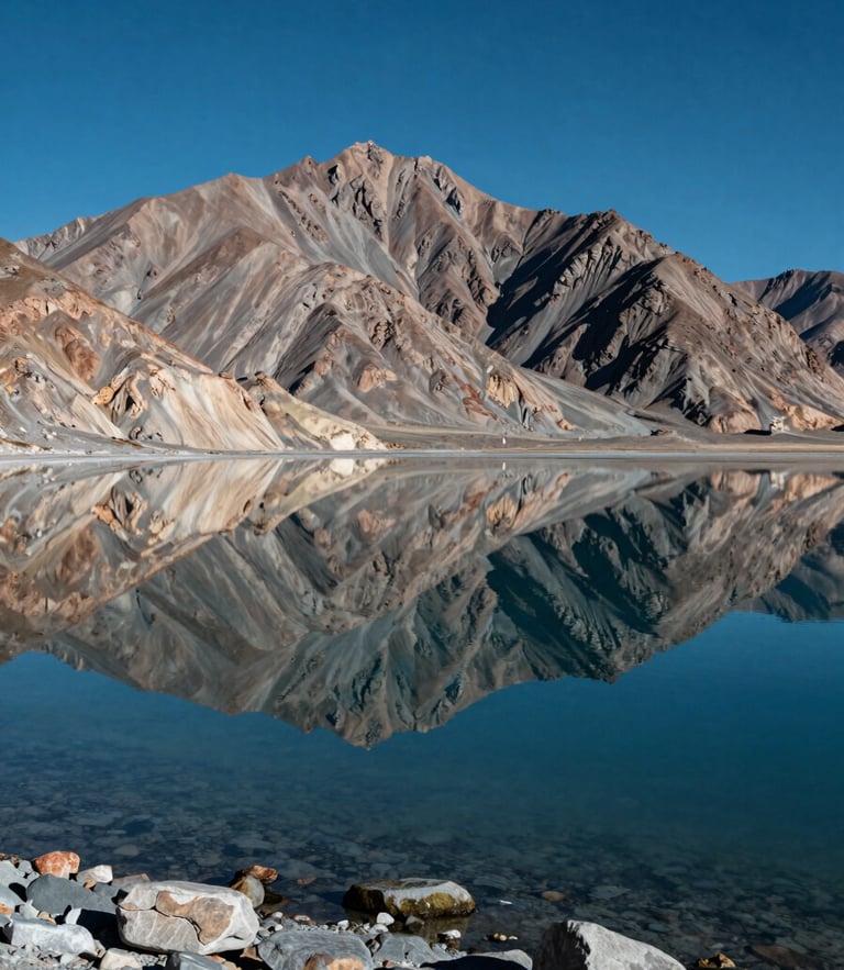 Deep blue high-altitude salt lake Pangong Tso reflecting sharp barren mountains under a clear sky, stone shoreline in foreground