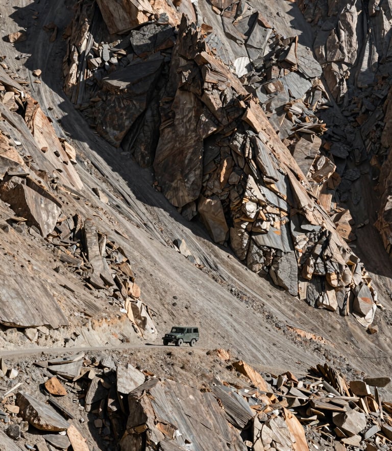 A high-altitude mountain pass in Ladakh, a single rugged 4x4 vehicle dwarfed by massive slate-colored cliffs under harsh sunlight