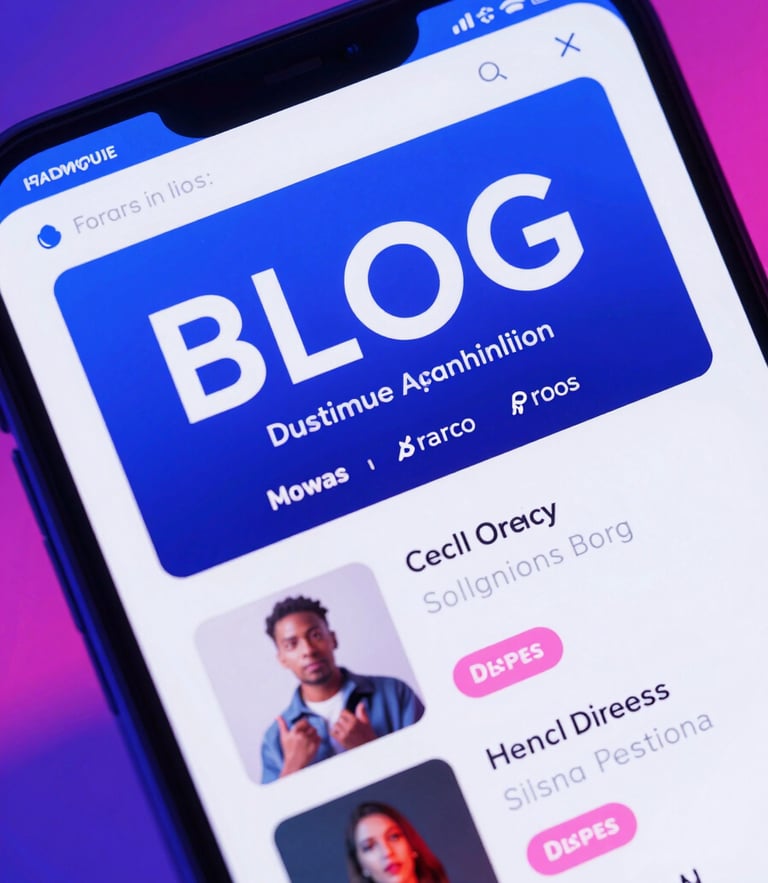 Dynamic Dutch angle macro shot of a vibrant neon blog dashboard on a screen, saturated electric cobalt and hot pink lighting, sharp focus