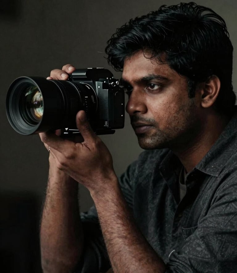 Cinematic low-key portrait of an Indian filmmaker looking through an anamorphic camera lens, dramatic side lighting, high-contrast moody tones, 35mm grain