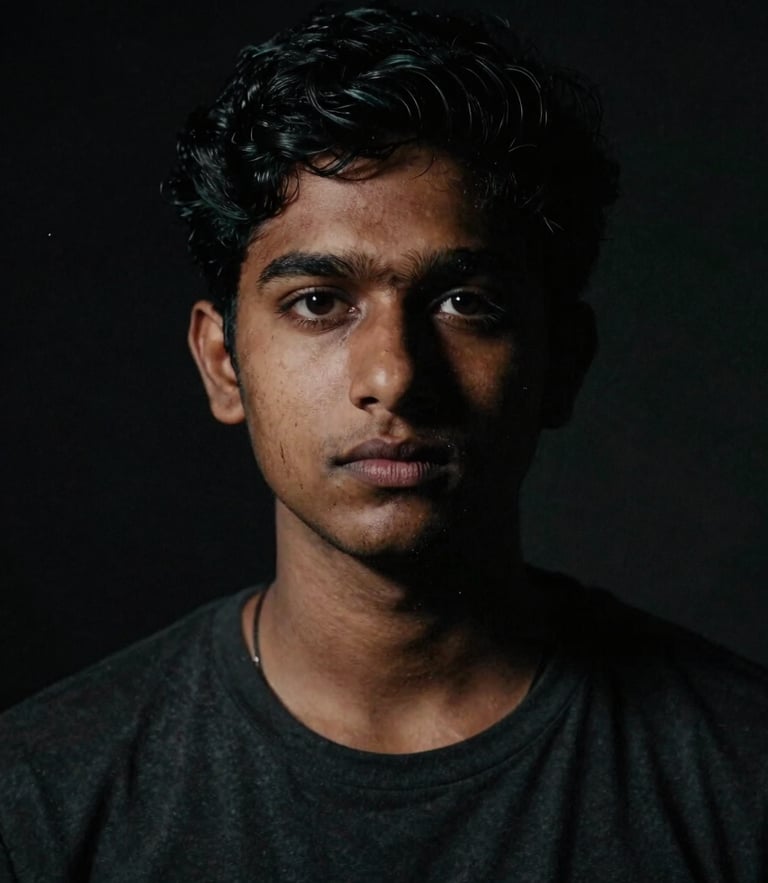Intense cinematic portrait of a young Indian filmmaker looking directly into the camera, dramatic low-key spotlighting, high-contrast chiaroscuro, 35mm film grain