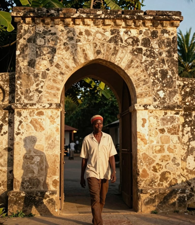 Warm golden-hour environmental portrait of a traveler of African descent walking through a historic stone archway in Zanzibar, rich natural shadows, 35mm film aesthetic