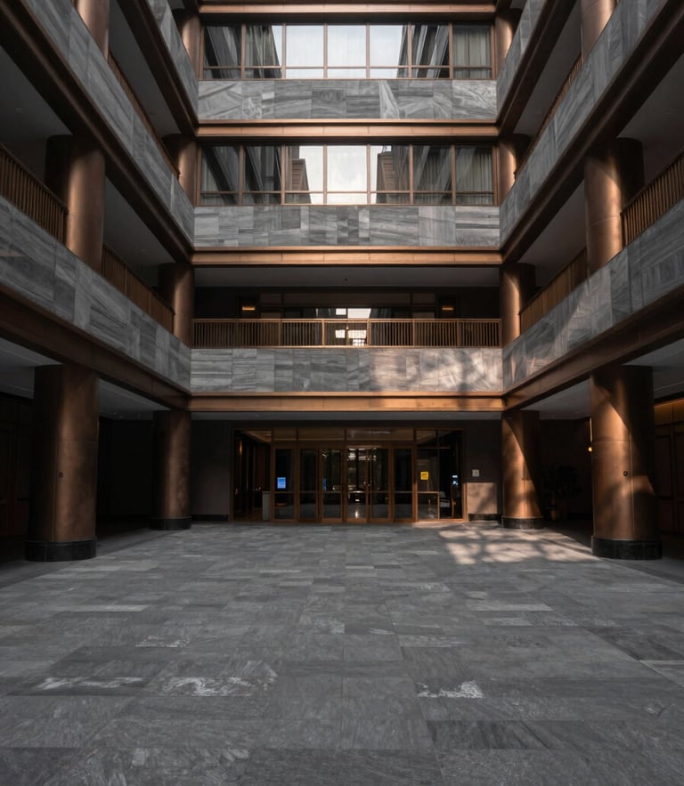 Symmetrical architectural shot of an empty luxury hotel atrium, dramatic morning shadows, desaturated slate and bronze tones, medium format camera