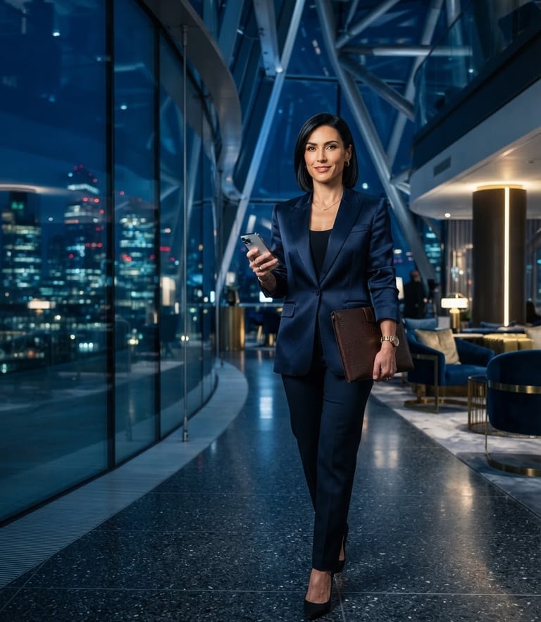 Sleek editorial photography, modern female lifestyle entrepreneur in a high-end architectural space, cool midnight blue and gold studio lighting, sharp futuristic corporate aesthetic