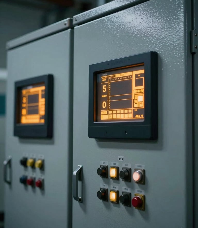 Close-up of an industrial electrical control panel with digital telemetry screens glowing with amber metrics, slate gray steel casing, dramatic technical lighting, 35mm