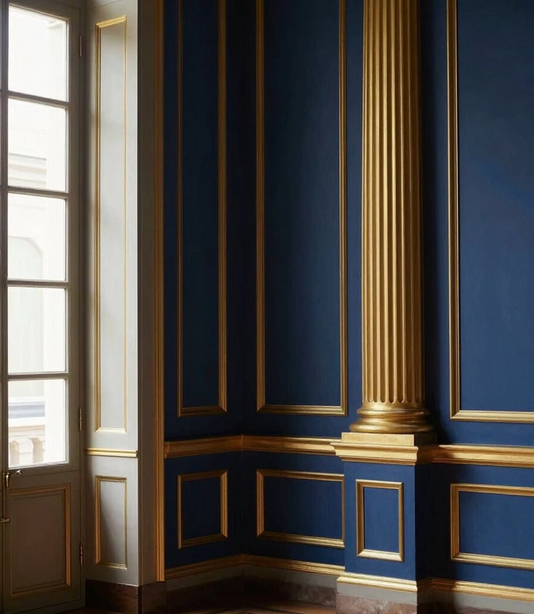 Sleek architectural details of a historic Italian palazzo, soft directional natural light, deep midnight blue and warm gold tones, 35mm lens