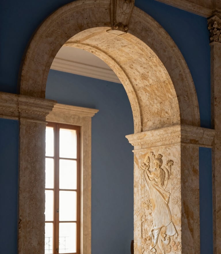 Close-up of historic Italian palazzo stone archway in Foggia, soft morning light, architectural detail, warm gold tones