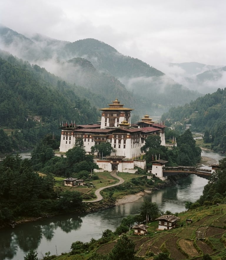 Misty morning in a Bhutanese valley, a traditional dzong fortress nestled among pine trees, soft diffused natural daylight, rich earthy tones.