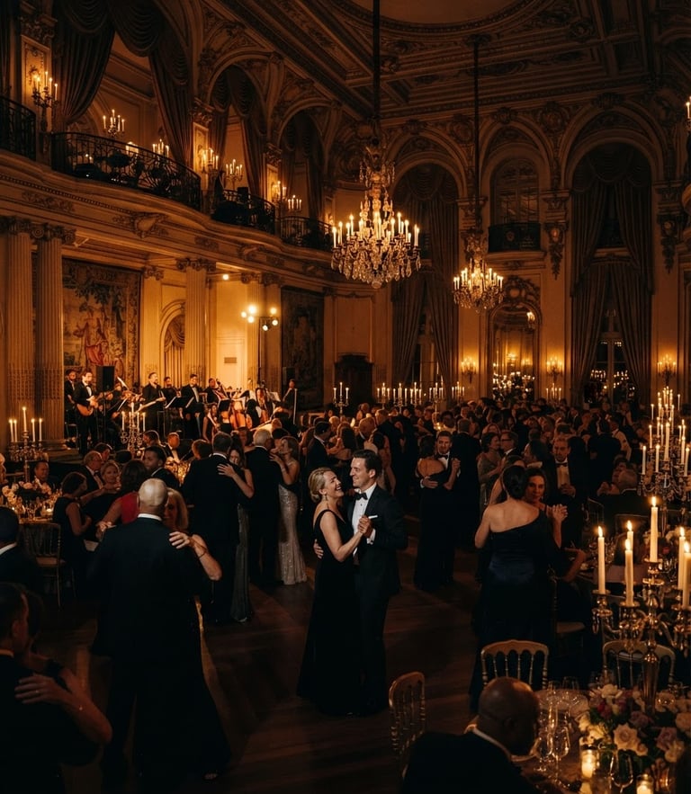 Cinematic wide-angle photography of a grand ballroom in Malabo, dramatic low-key lighting, warm golden candle glow, rich textures, 35mm