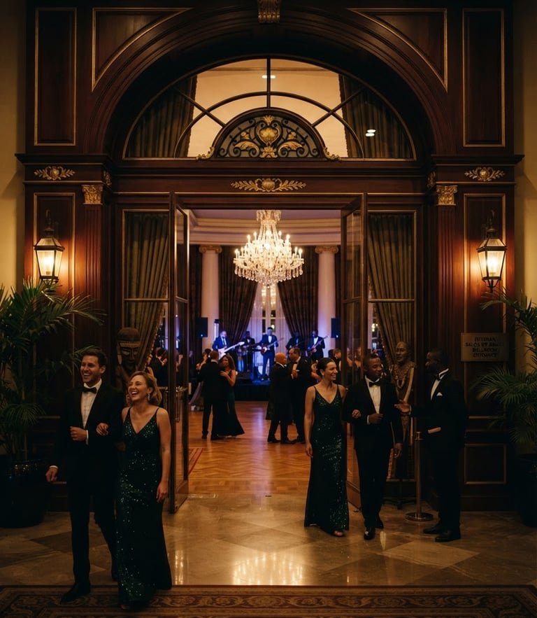 Cinematic luxury photography of a grand ballroom entrance in Malabo, dramatic low-key lighting, warm golden highlights, rich textures, 35mm