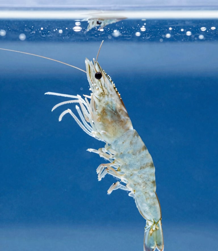 Macro close-up of healthy shrimp postlarvae swimming in crystal-clear laboratory water, bright cool lighting, clinical marine aesthetic