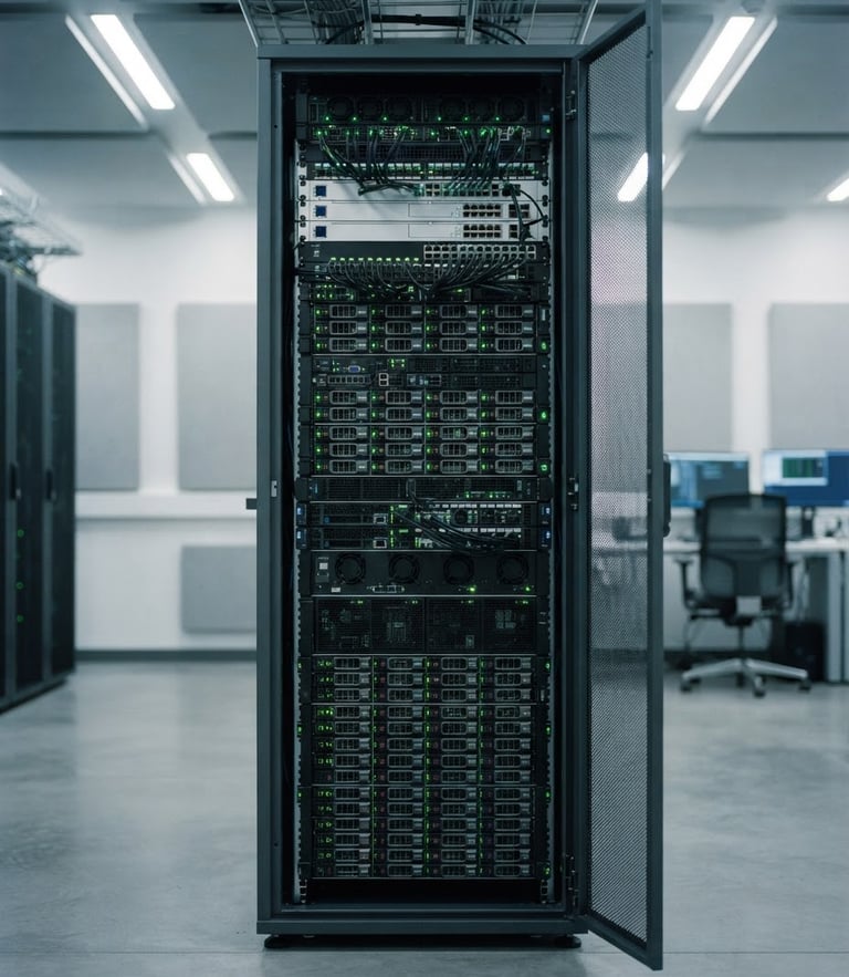 Minimalist clean server rack with glowing emerald green indicators, high-end tech laboratory, soft cool lighting, 35mm