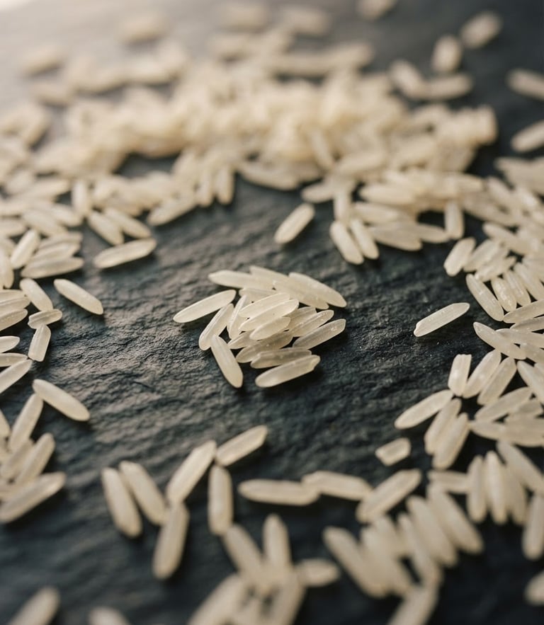 Macro product shot of premium raw basmati rice grains scattered on a dark slate surface, warm natural window light, minimalist composition, high-end editorial, 35mm