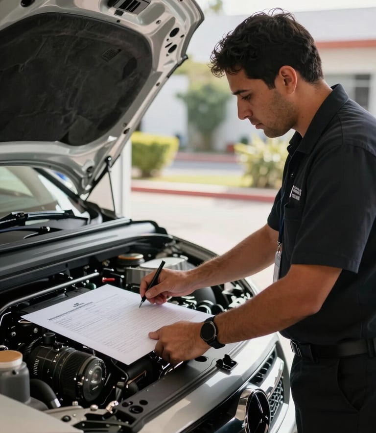 Vista en plano medio de un técnico certificado con uniforme impecable utilizando un escáner digital de precisión sobre el motor limpio de un automóvil premium en una cochera residencial de San Pedro Garza García, luz natural brillante de mañana.