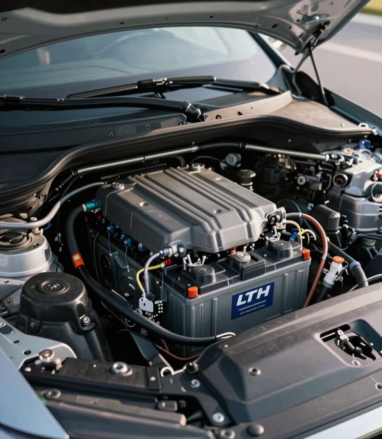 Portrait framing of a pristine, newly installed LTH battery under a clean engine bay of a modern executive sedan, bright natural morning light, high contrast