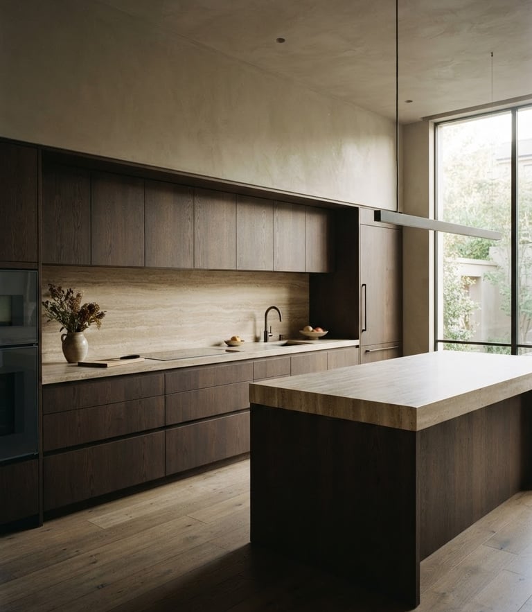 Wide-angle architectural photography of a minimalist luxury kitchen with dark oak cabinets and travertine countertops, soft natural side-lighting, 35mm