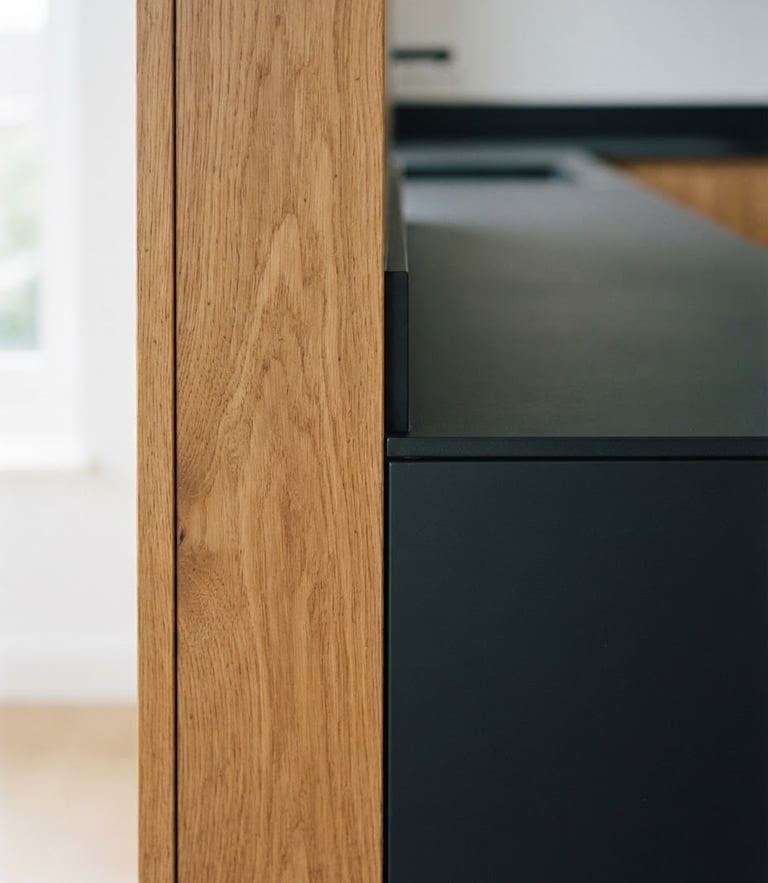 Macro architectural photography of a minimalist kitchen joint, soft natural window light, oak wood grain meeting matte charcoal lacquer, 35mm