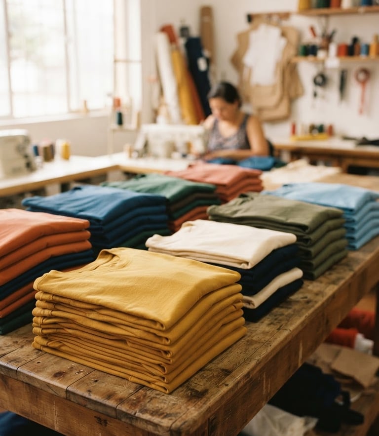 Warm editorial photography, soft natural daylight, neat stacks of colorful folded t-shirts on a wooden counter inside a bright Brazilian apparel workshop, shallow depth of field, 35mm