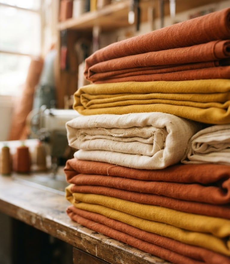 Warm daylight close-up of folded cotton fabrics in terracotta, mustard, and soft cream, stacked neatly in a sunlit Brazilian sewing atelier, 35mm photography