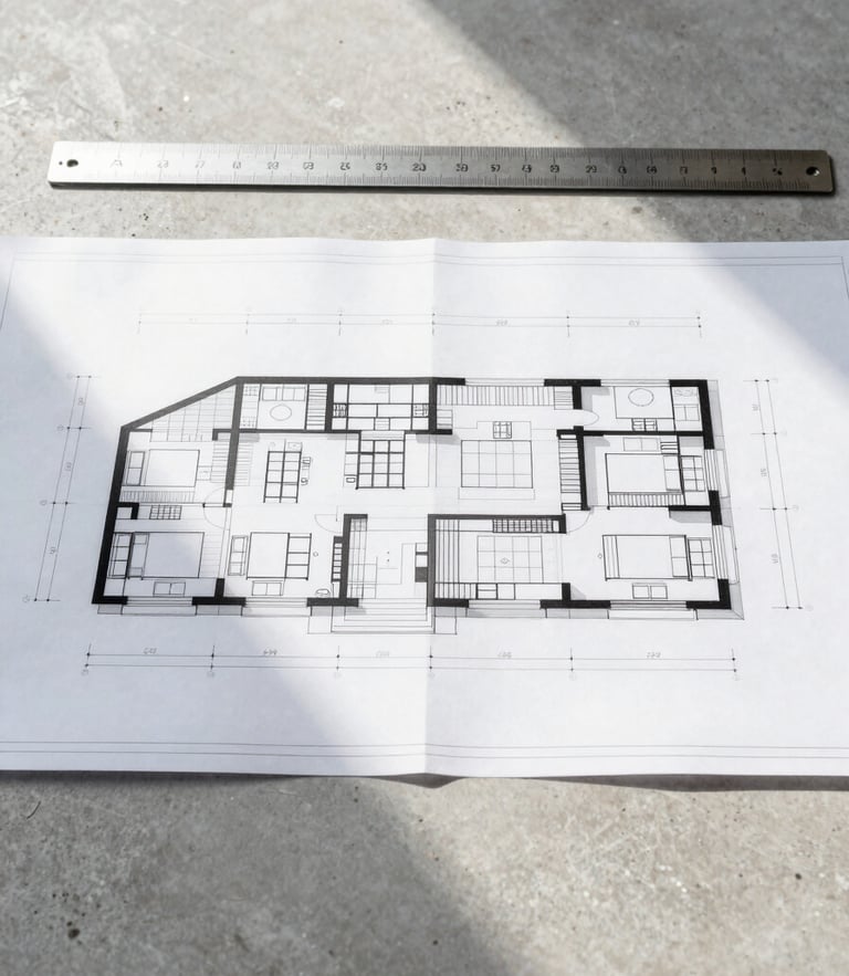Bright architectural blueprint on a concrete desk with a parallel ruler, high-exposure natural morning light, clean symmetrical composition