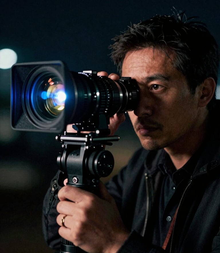 Dramatic low-key portrait of a film director looking through a high-end anamorphic camera viewfinder on a night set, rich blue lens flares, deep shadows, cinematic film photography, 35mm anamorphic lens.