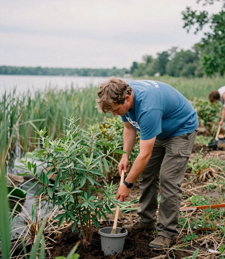 Candid documentary photograph of a volunteer planting native wetland shrubs along an Ohio lake shoreline, natural overcast daylight, rich earthy greens, authentic 35mm film texture, shallow depth of field