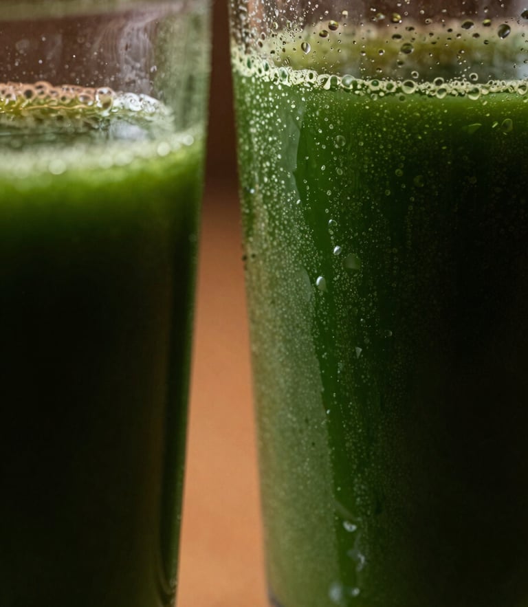 Macro close-up of condensation on elegant glassware filled with deep green cold-pressed juice, dramatic side daylight, deep shadows, rich forest green tones.