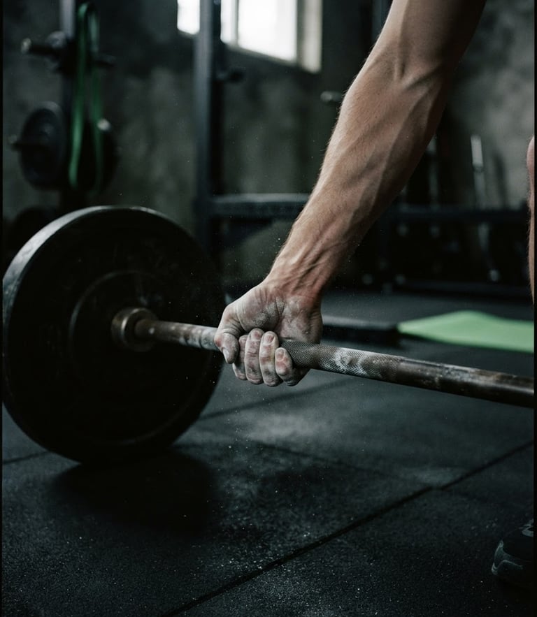 Raw athletic photography of chalked hands gripping a heavy barbell in a dark, high-contrast gym, deep shadows, 35mm