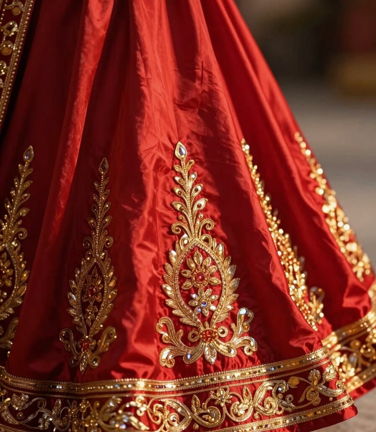 A close-up of heavy crimson silk bridal wear in motion, gold embroidery catching warm cinematic light, shallow depth of field