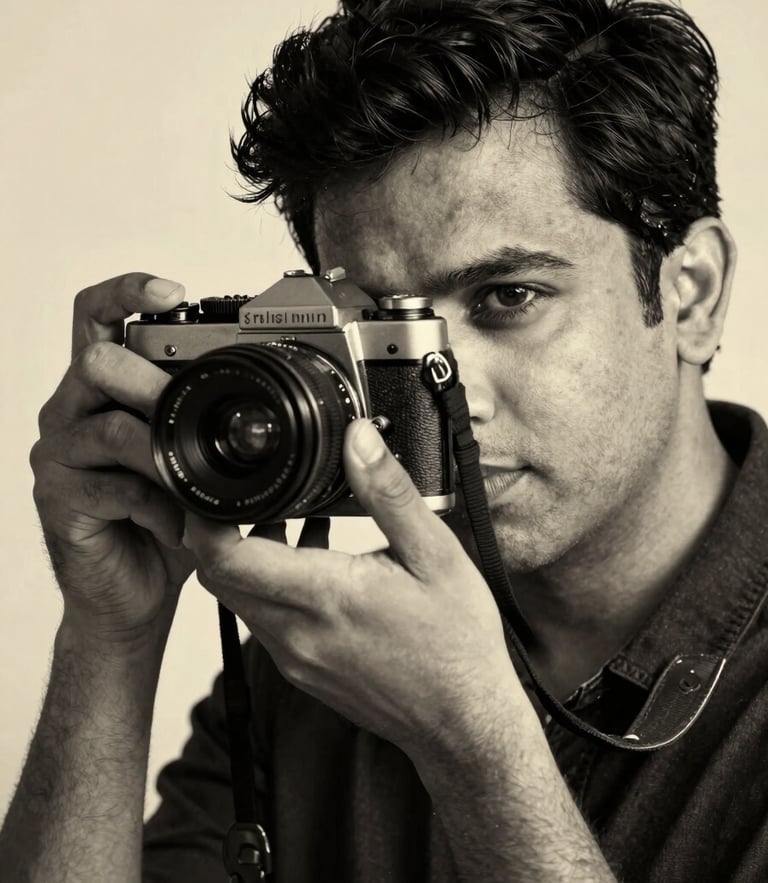 A close-up black and white portrait of an Indian photographer holding a classic camera, dramatic side-lighting, deep warm shadows, elegant composition
