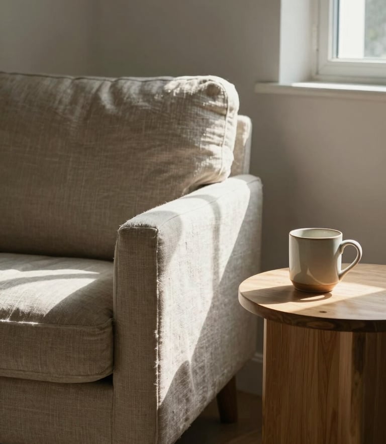 Sun-drenched interior corner with a linen armchair, a small light wood side table holding a ceramic mug, soft morning light filtering through a window.