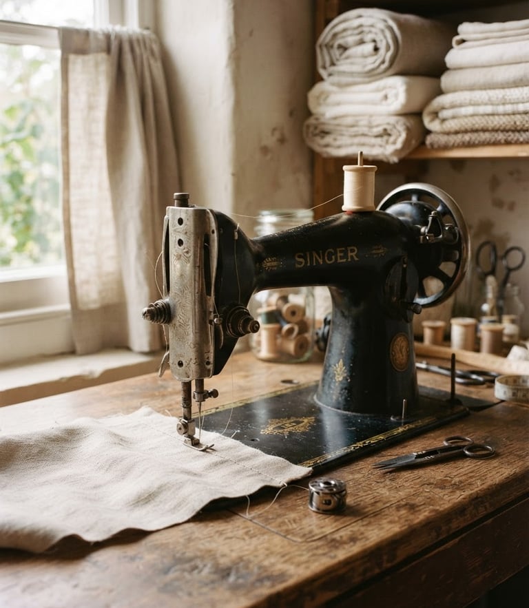 Close-up of a vintage sewing machine on a wooden desk, warm morning window light casting soft shadows, neatly stacked linen rolls in the background, shallow depth of field, 35mm