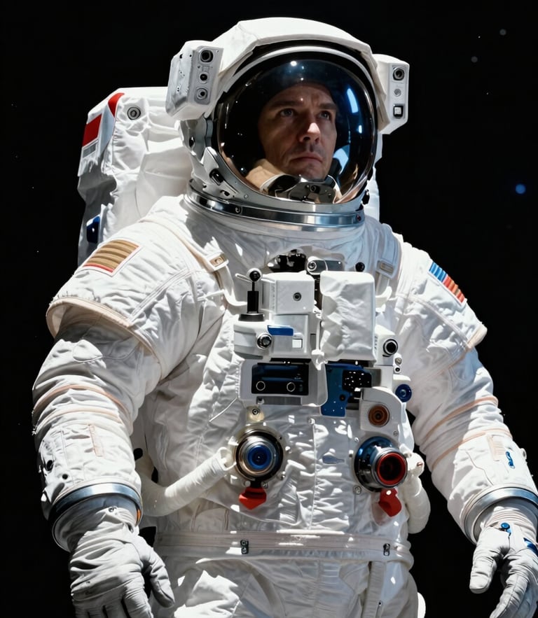 Low-angle heroic portrait of an astronaut in a modern white spacesuit, dramatic key lighting, high-contrast deep space black background, 70mm cinematic aerospace photography