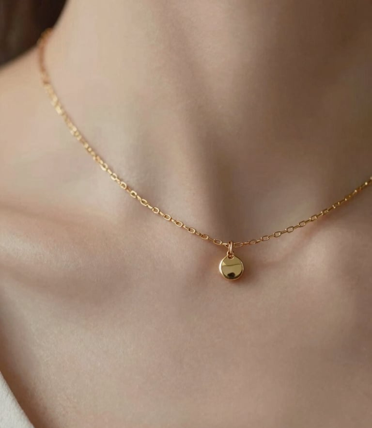 Extreme close-up of a delicate gold chain resting on a bare collarbone, soft natural daylight, warm neutral tones, shallow depth of field.