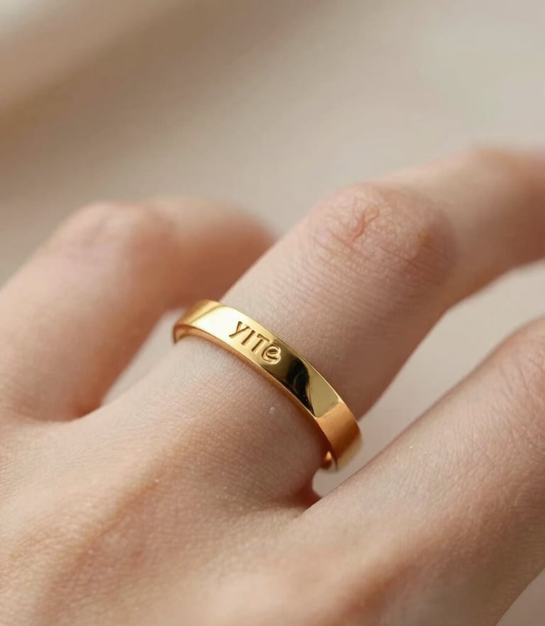 Macro shot of a custom engraved gold ring on a finger, warm neutral tones, soft natural daylight, elegant lifestyle portrait.