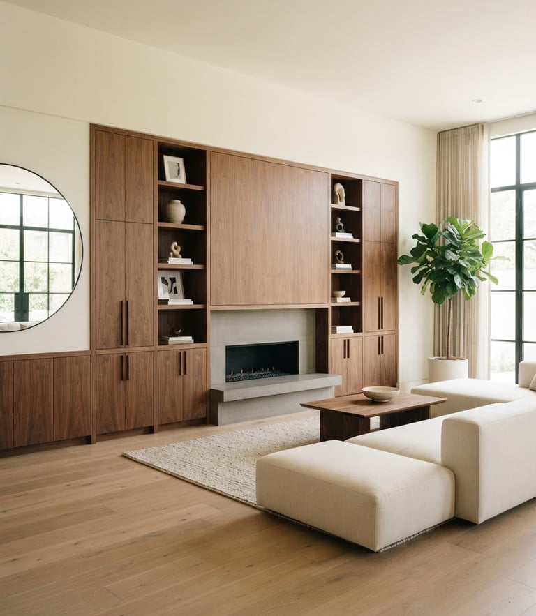 Straight-on architectural elevation of a modern minimalist living room with custom walnut cabinetry, bright natural daylight streaming through expansive windows, 35mm