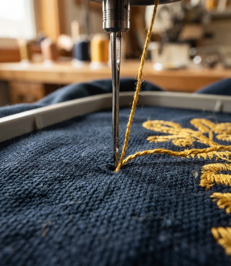 Macro shot of a heavy-duty embroidery machine needle piercing thick navy blue canvas, rich thread textures visible, warm natural window light