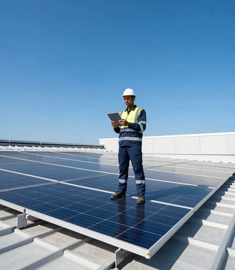 A professional solar technician in clean safety gear holding a tablet, standing on a modern rooftop with monocrystalline solar panels under bright direct sunlight, vibrant blue sky, crisp architectural photography.