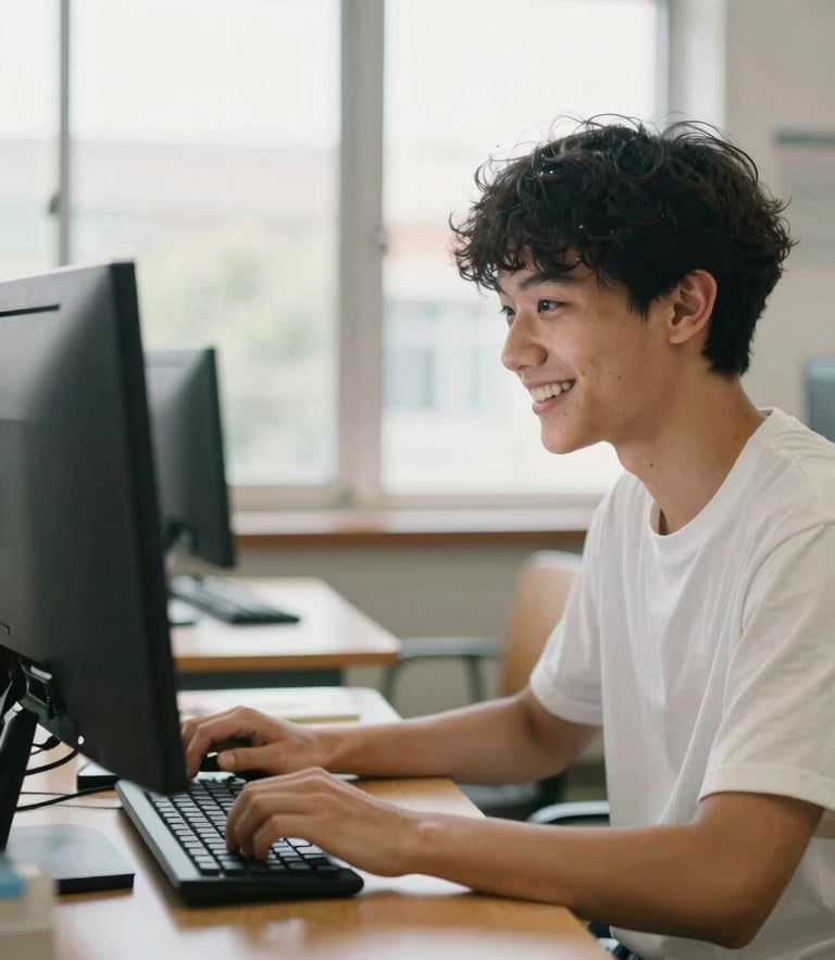 Candid medium shot of a student smiling at a computer screen in a bright classroom, warm natural window light, 35mm lens
