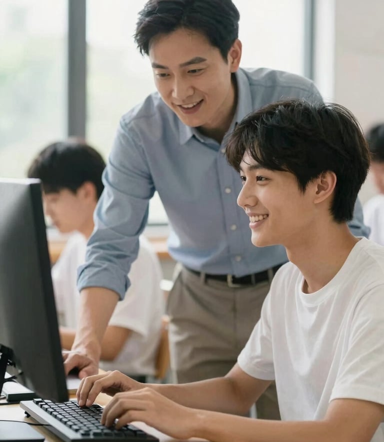 A smiling young adult student in a bright classroom, hands on a computer keyboard, looking up as a mentor guides them, warm natural lighting