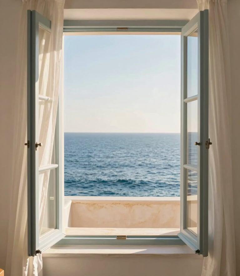 A bright, sun-drenched room with an open window looking directly onto the calm blue Mediterranean sea, white linen curtains blowing softly in the breeze, warm golden-hour light