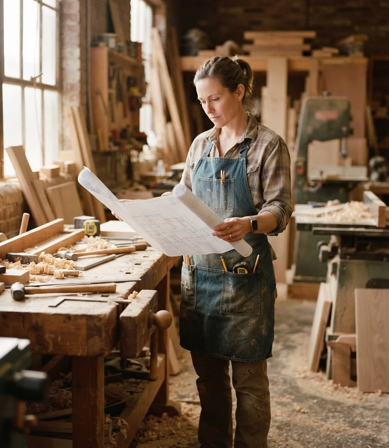 Medium-wide environmental portrait of a small business owner in a sunlit wood workshop, holding architectural plans, warm natural side-light, rich desaturated tones, shallow depth of field