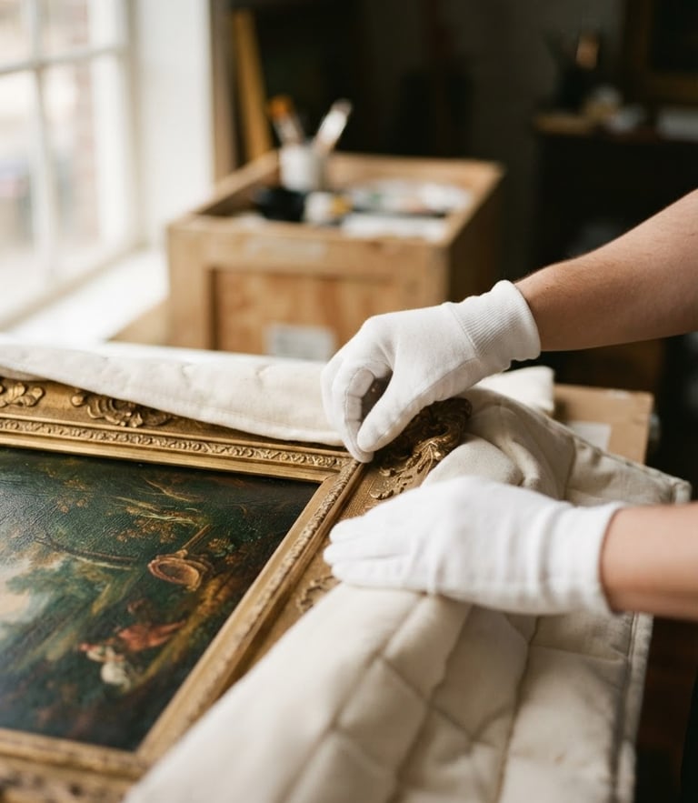 Editorial close-up of hands in white gloves carefully wrapping a gold-framed painting in protective padded fabric, warm natural light, shallow depth of field