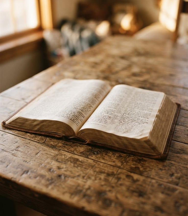 An open Bible resting on a rustic wooden table, soft morning window light illuminating the pages, warm organic tones, shallow depth of field, 35mm.