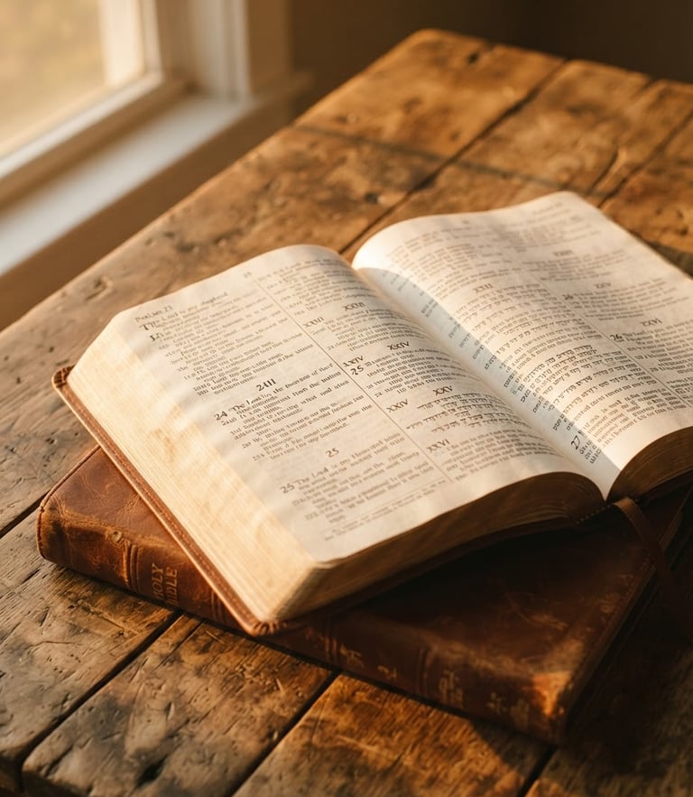 An open Bible resting on a rustic wooden table, soft golden-hour natural light streaming across the pages, warm organic tones, shallow depth of field