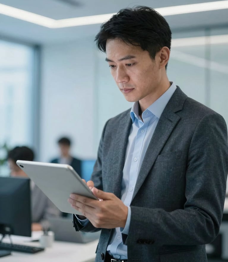 Professional IT consultant in a modern bright corporate office, looking at a tablet, soft blue ambient lighting, sharp focus, 35mm